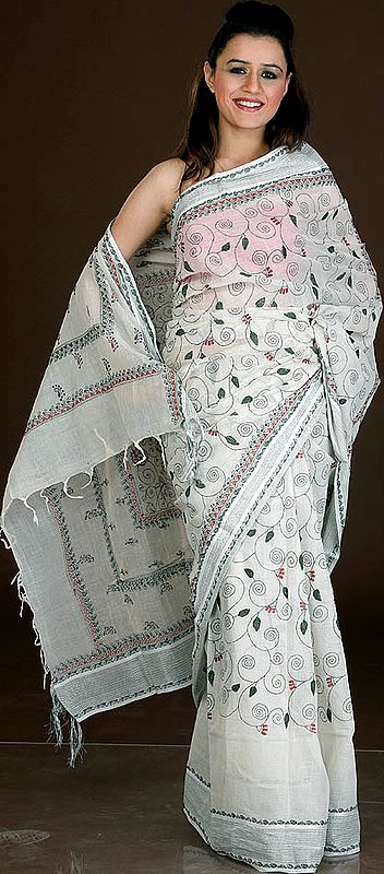 Ivory Sari with All-Over Kantha Stitch Embroidery