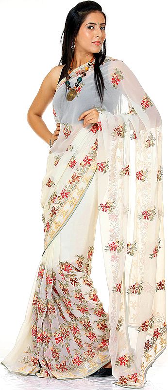 Ivory Sari with Aari Embroidered Flowers All-Over