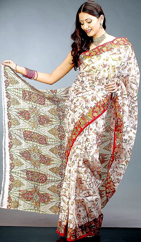 Ivory Sari with Folk Print