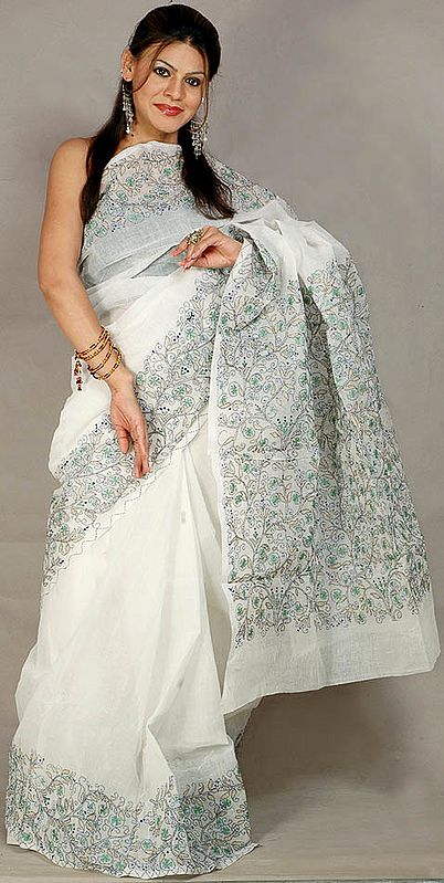 Ivory Sari with Kantha Stitch Embroidery