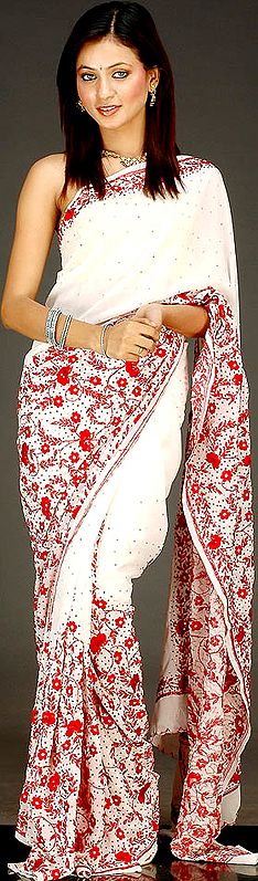 Ivory Sari with Red Floral Embroidery and Sequins