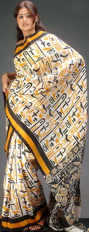 Ivory Silk Sari with Black and Yellow Print