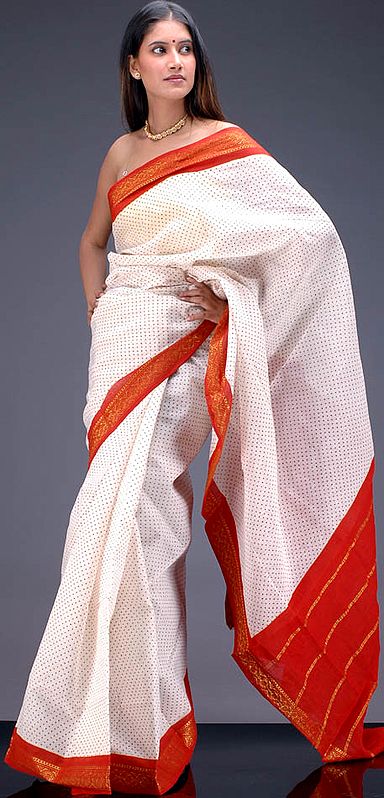 Ivory Sungri Cotton Sari with Orange Pallu and Border