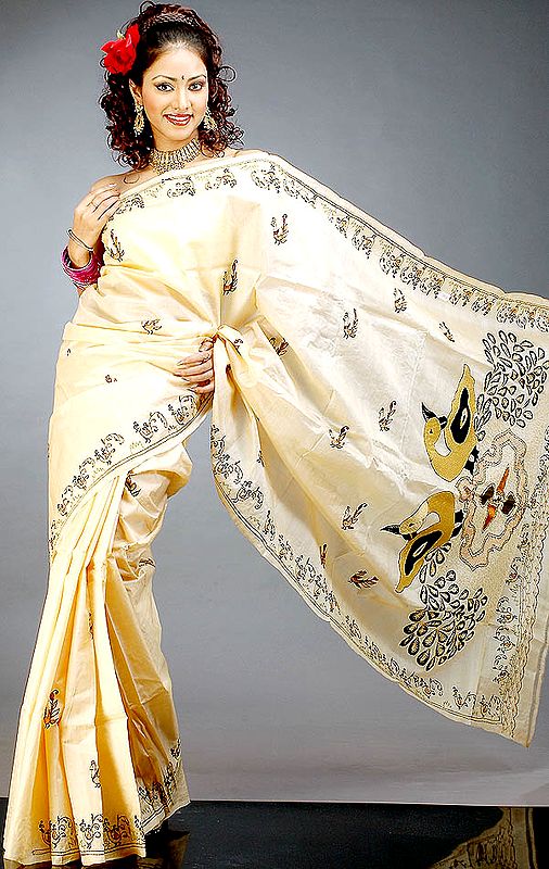 Ivory Tussar Silk Sari with Kantha Stitch Embroidery