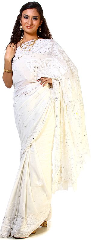 Ivory Wedding Sari from Lucknow with All-Over Chikan Embroidered Flowers and Mokaish work