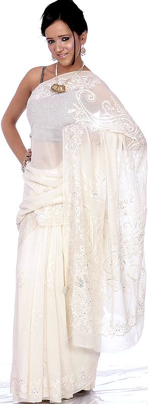 Ivory Wedding Sari from Lucknow with Embroidered Paisleys and Sequins