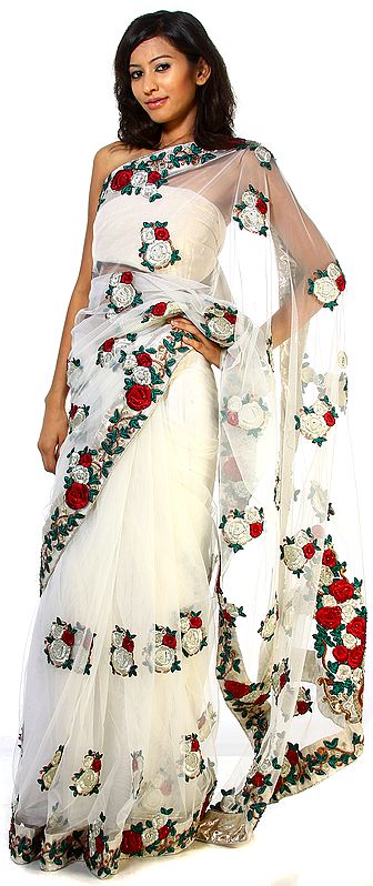 Ivory Wedding Sari with Crewel Embroided Flowers and Beadwork