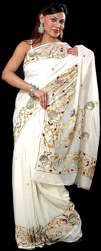 Ivory Wedding Sari with Embroidered Sequins