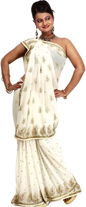 Ivory Wedding Sari with Metallic Thread Embroidery and Sequins All-Over