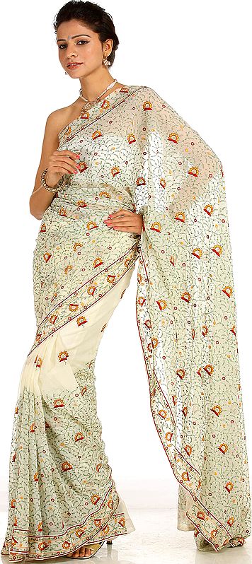 Ivory Wedding Sari with Needle Embroidery All-Over