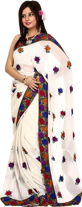 Ivory Wedding Sari with Parsi Embroidered Flowers All-Over