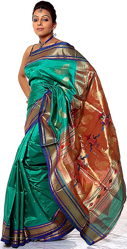 Jade-Green Paithani Sari with Woven Peacocks on Anchal in Zari Thread