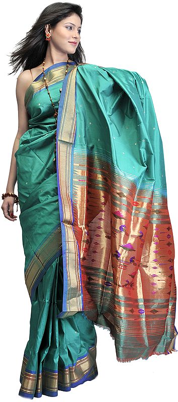 Jade-Green Paithani Sari with Zari Thread Woven Peacocks on Anchal