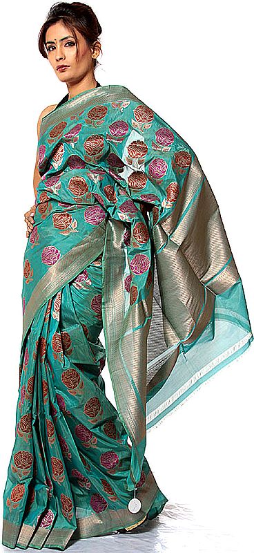 Jade-Green Sari from Banaras with All-Over Large Flowers Weave by Hand