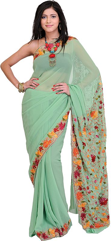Jade-Green Sari with Kashmiri Floral Embroidery on Anchal and Border