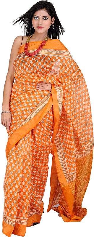 Jaffa-Orange Chanderi Sari with Block-Printed Flowers All-Over