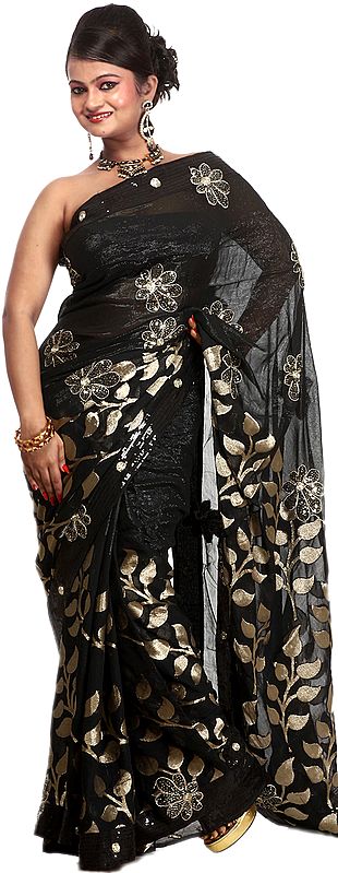 Jet-Black Designer Sari with All-Over Woven Leaves and Embroidered Sequins