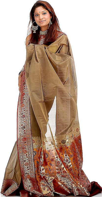 Khaki and Maroon Valkalam Sari with Modern Weave on Border and Pallu