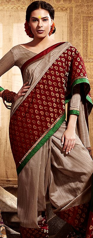 Khaki and Red Designer Sari with Woven Flowers and Wide Patch Border