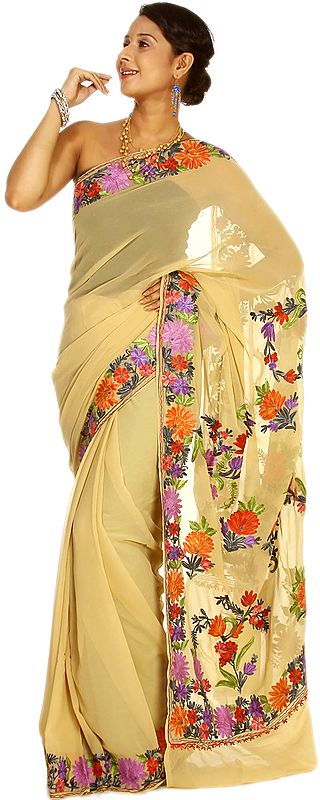 Khaki Sari from Kashmir with Aari-Embroidered Flowers