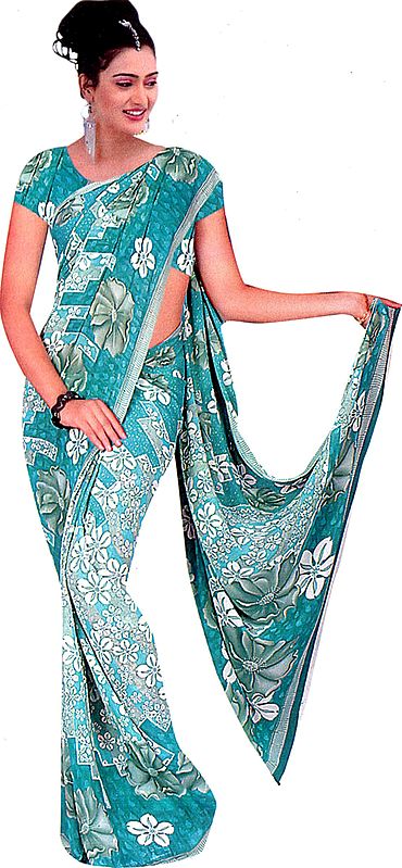 Lake Blue Sari with Sequinned Bootis and Large Printed Flowers