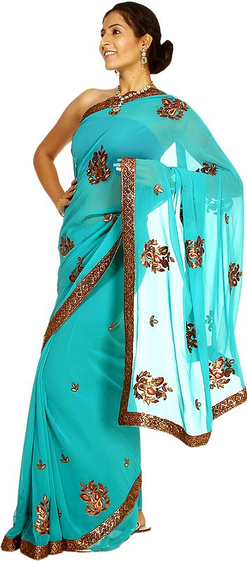 Lake-Blue Designer Sari with Embroidered Paisleys and Patch Border