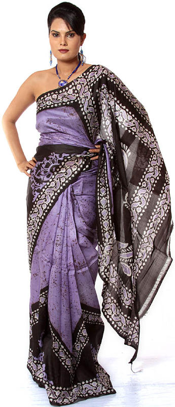 Lavender and Black Batik Sari from Kolkata