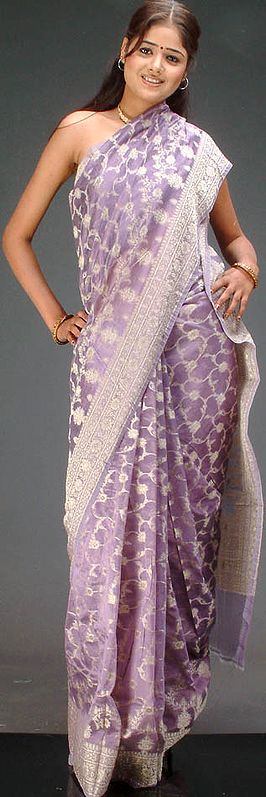 Lavender Banarasi Sari with All-Over Thread Weave