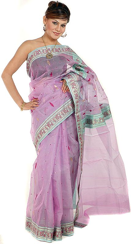 Lavender Chanderi Sari with Golden Bootis and Brocaded Border