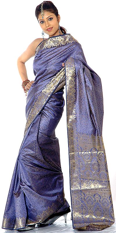 Lavender-Blue Tanchoi Sari from Banaras with Golden Thread Weave