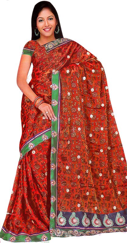 Leather-Brown Designer Sari with Woven Flowers, Sequins and Patch Border