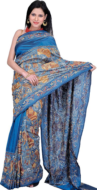 Legion-Blue Kantha Sari from Bengal with Hand-Embroidered Little Krishna