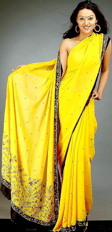 Lemon and Black Georgette Sari with Beads and Threadwork