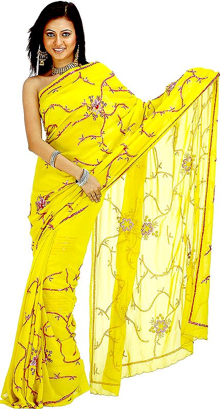 Lemon Yellow Sari with Bright-Violet Beads and Sequins