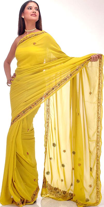 Lemon Yellow Sari with Sequins and Beadwork