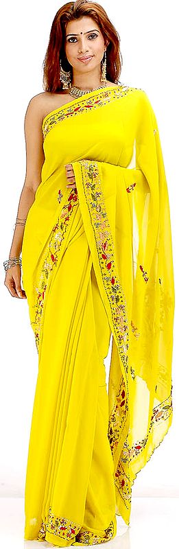 Lemon Yellow Sari with Threadwork and Sequins