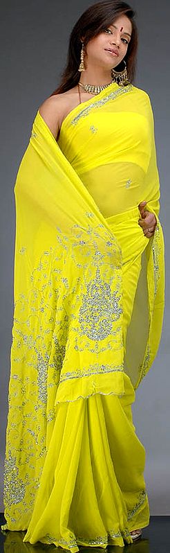 Lemon Yellow Sari with Threadwork and Sequins
