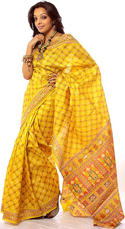 Lemon-Yellow Block-Printed Sari from Kolkata