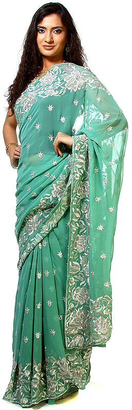 Lichen-Green Wedding Sari with Silver Thread Embroidered Flowers All-Over