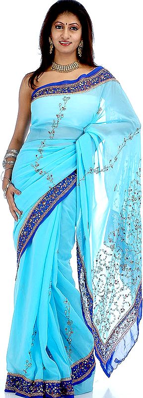 Light and Dark Blue Sari with Sequins and Beads