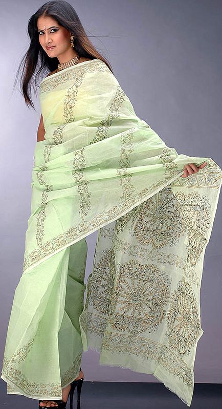 Light Green Cotton Sari with Kantha Stitch