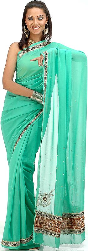 Light Green Georgette Sari with Colored Beads and Gota Border