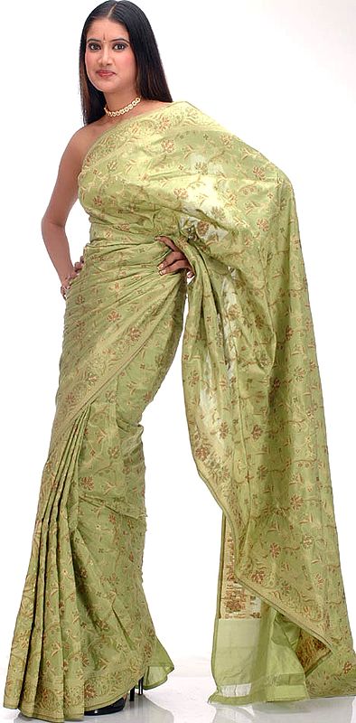 Light Green Hand-Woven Sari with Tanchoi Weave