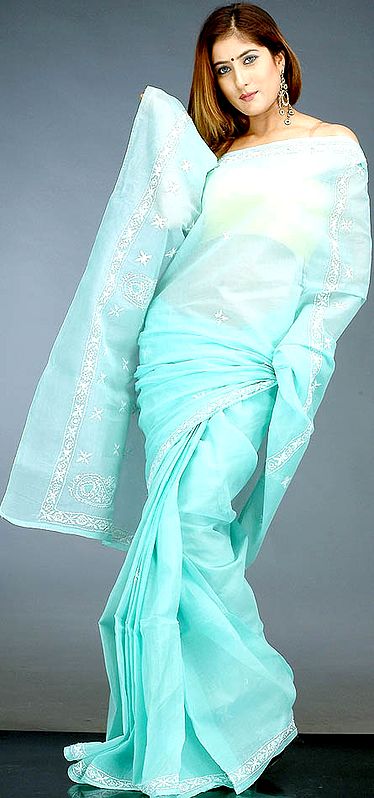 Light Green Lukhnavi Chikan Sari