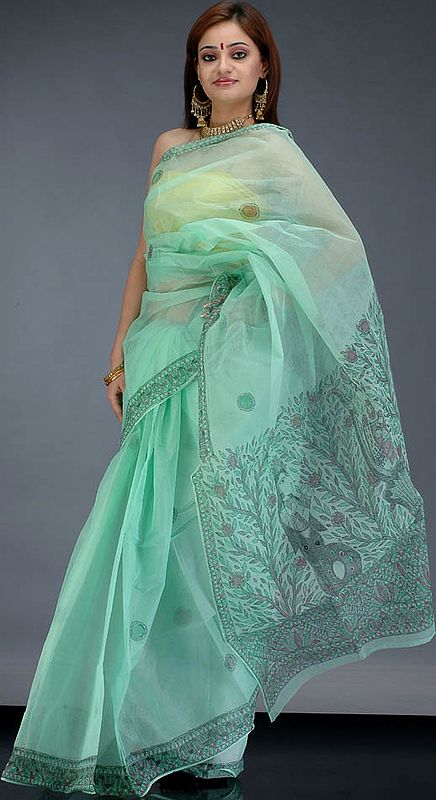 Light Green Madhubani Hand Painted Sari