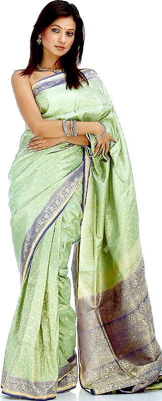 Light Green Satin Sari Handwoven in Banaras with All-Over Tanchoi Weave