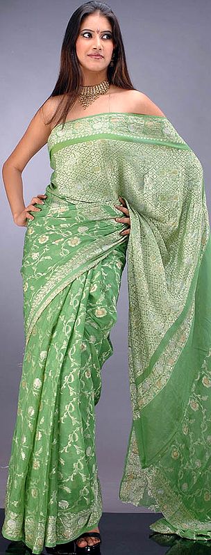Light Mehandi Green Banarasi Sari with Golden Thread Weave