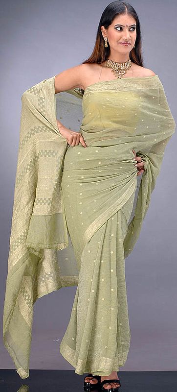 Light Olive-Green Banarasi Crush Sari with Silver Bootis