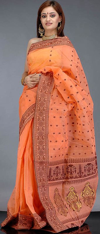 Light Orange Handwoven Sari with Black Bootis