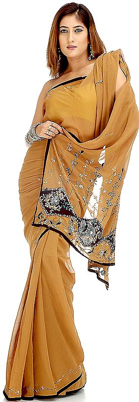 Light Sepia and Black Sari with Sequins and Threadwork